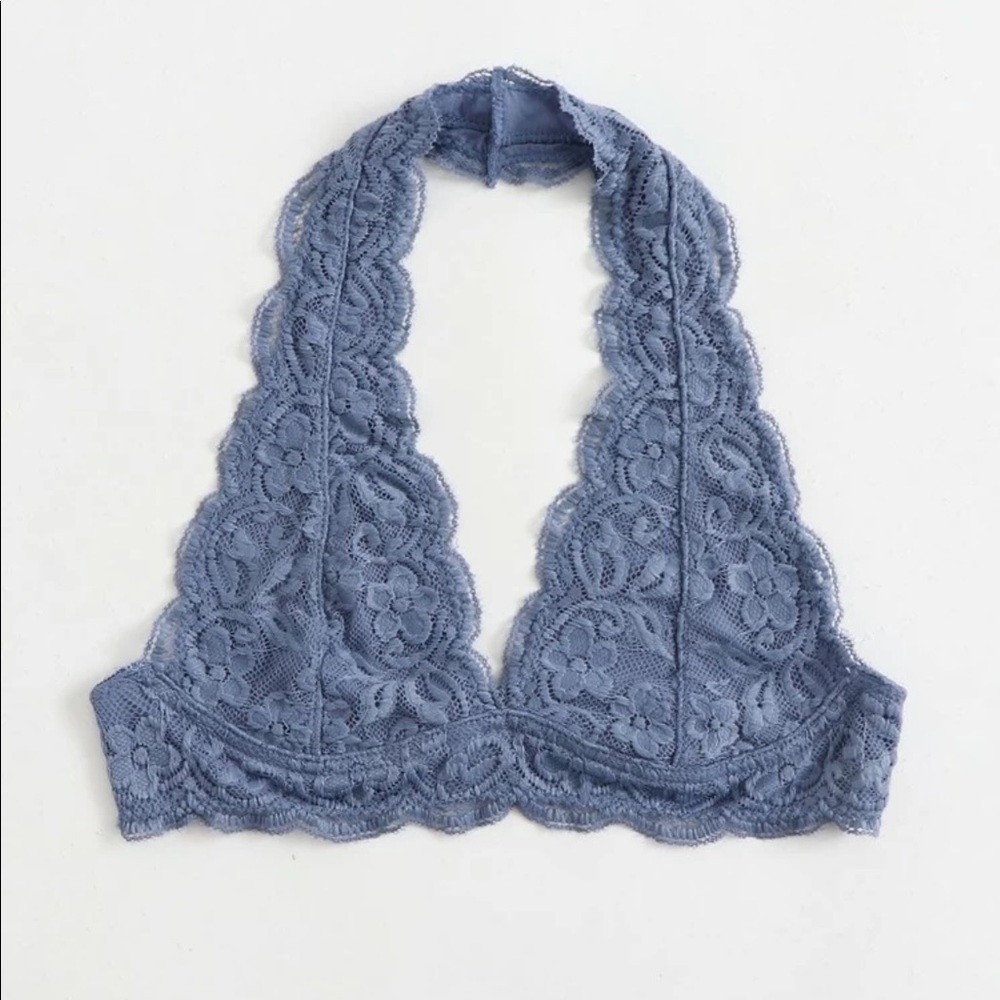 DUSTY BLUE PLUNGING FLORAL LACE HALTER BRALETTE - Picture 3 of 7